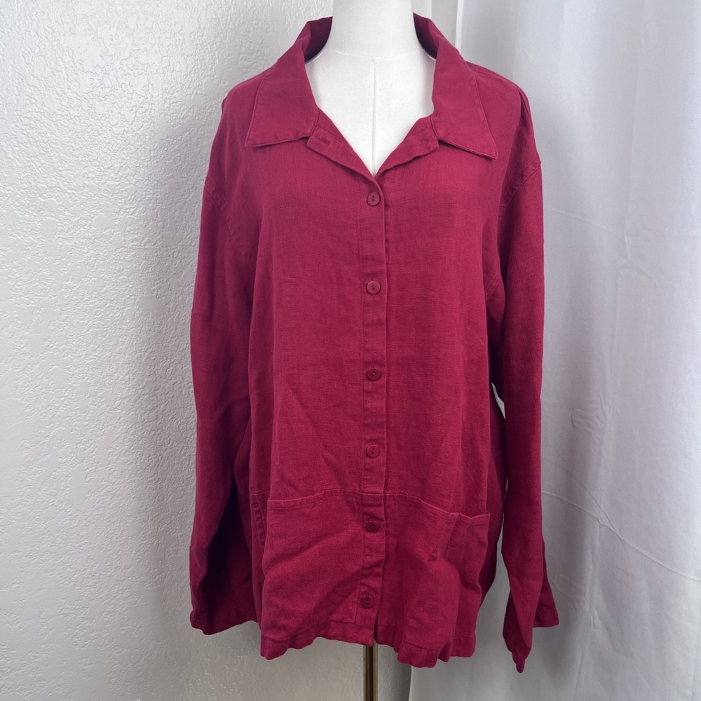 Eileen Fisher Top Womens 2X Red Linen Button Down Lagenlook Minimalist Capsule